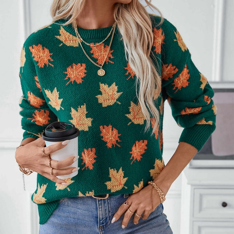 Atogsazn Women's Casual Maple Leaf Print Crewneck Knit