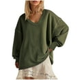 thumbnail image 2 of HomeDM Women Long Sleeve V Neck Sweatshirts Loose Fit Pullover Tops Casual Solid Color Shirts - Green/XL, 2 of 5
