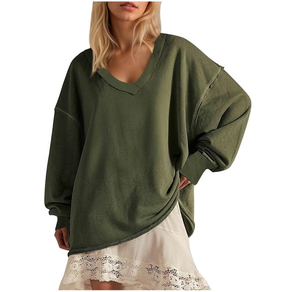 Royisotas Fall and Winter Sweatshirts for Women Plus Size Solid Long Sleeve Plus Size Pullover Tunic V-Neck Casual Hoodless Shirts