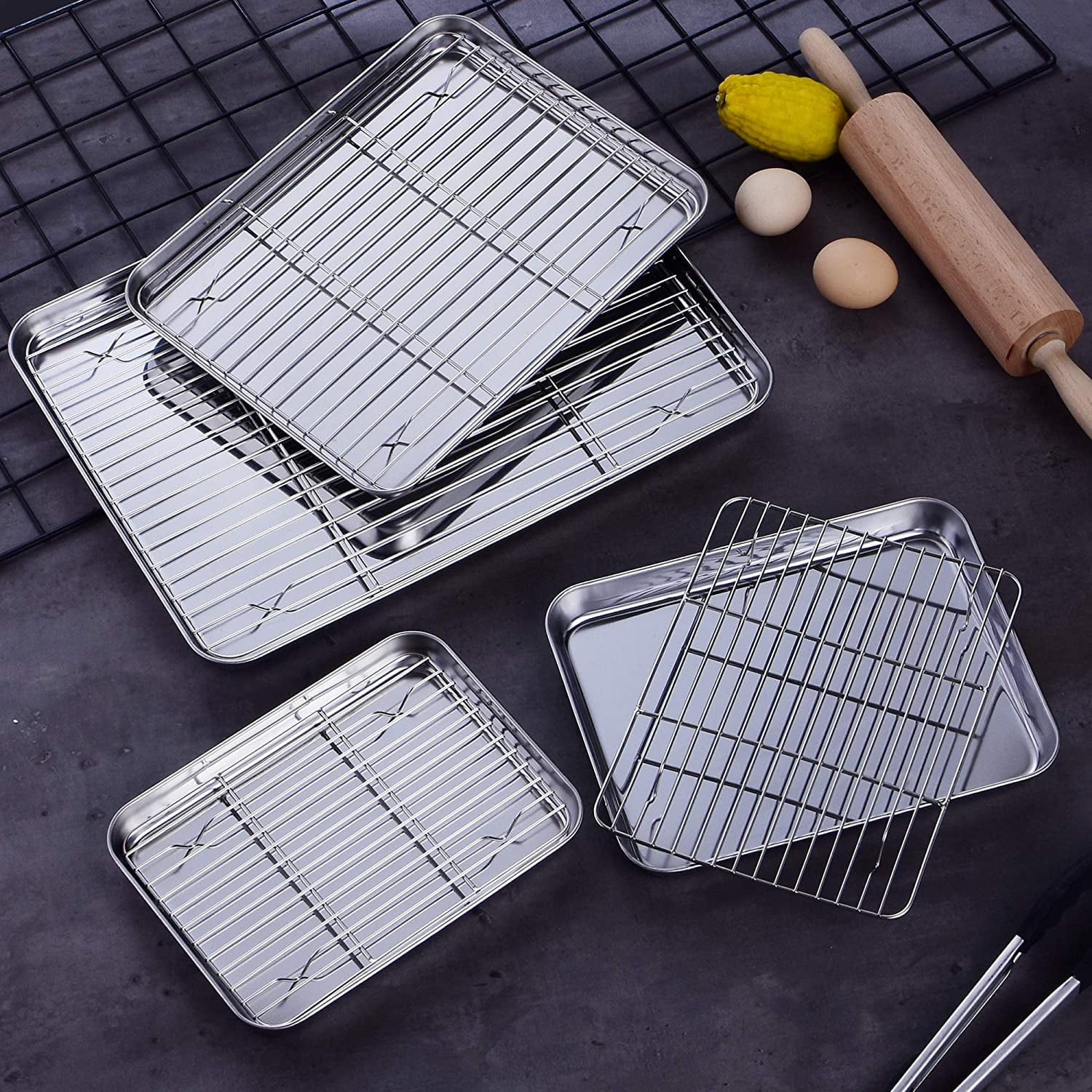 Easy Clean & Dishwasher Safe 4 Sheets/Racks Mirror Finish & Rust Free Cookie Baking Pans Stainless Steel Bakeware with Cooling Rack Set Non Toxic & Healthy Velaze Baking Tray with Rack Set of 8
