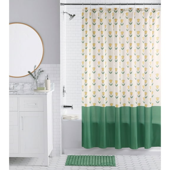 Mainstays 16-Piece Deco Green Floral Shower Curtain Bathroom Set – Green Fabric Curtain with Rug, Hooks, Soap Pump & Tray