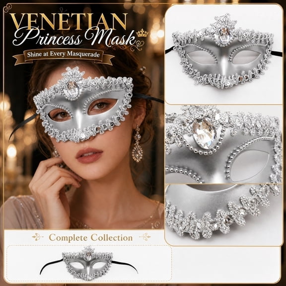 Silver Vintage Masquerade Eye Mask, Vintage Masquerade Masks, Masquerade Masks for Women, Rhinestone Trim, Women's 7X4 Inch Decorative Face Accessory for Halloween Party, Secure
