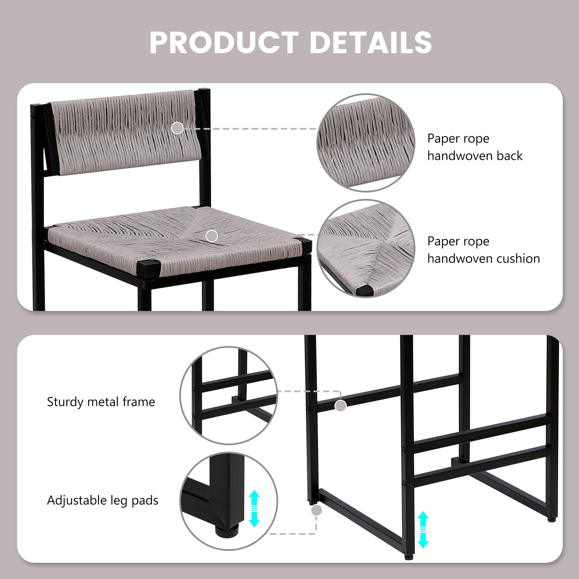 SYNGAR Bar Stools with Back Sets of 2, Woven Bar Chair with Metal Legs, Counter Height Bar Stools, Bar Chairs for Kitchen Bars Restaurants, Tufted Barstools Set, Gray