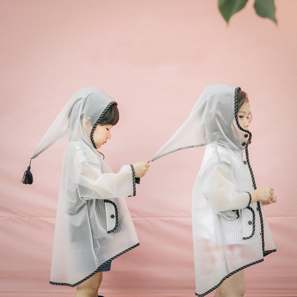 facefd Boy Girl Children Hooded Waterproof 15 Silk EVA Raincoat Tassel Pointy Hat Transparent Raincoat Kids Tassel Pointy Hat Clear Rain Coat Outdoor