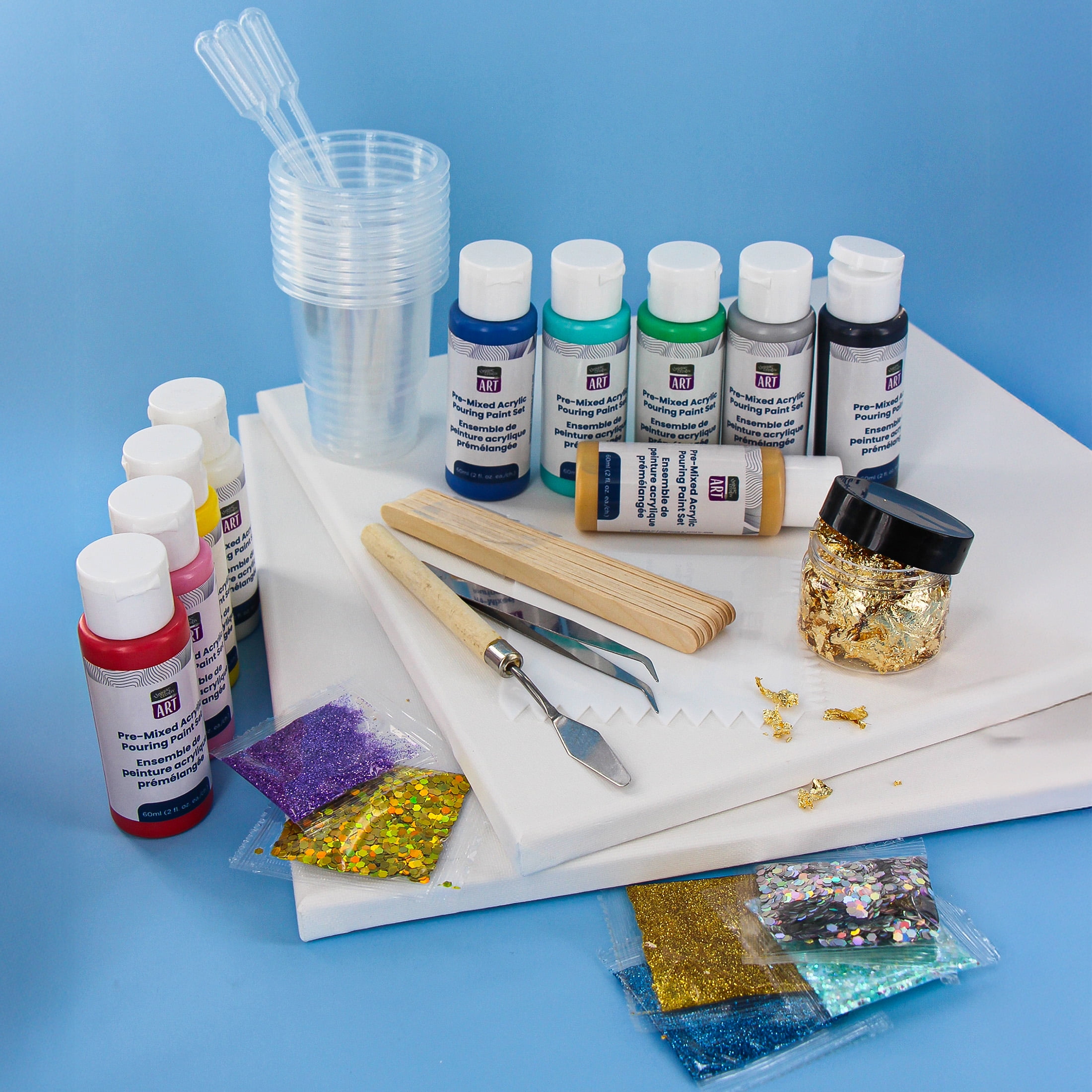 Coffret Unique Creativ Art de Peinture Pré-Mélangée Versable, 51 pièces, Toiles 30,5 x 30,5 cm