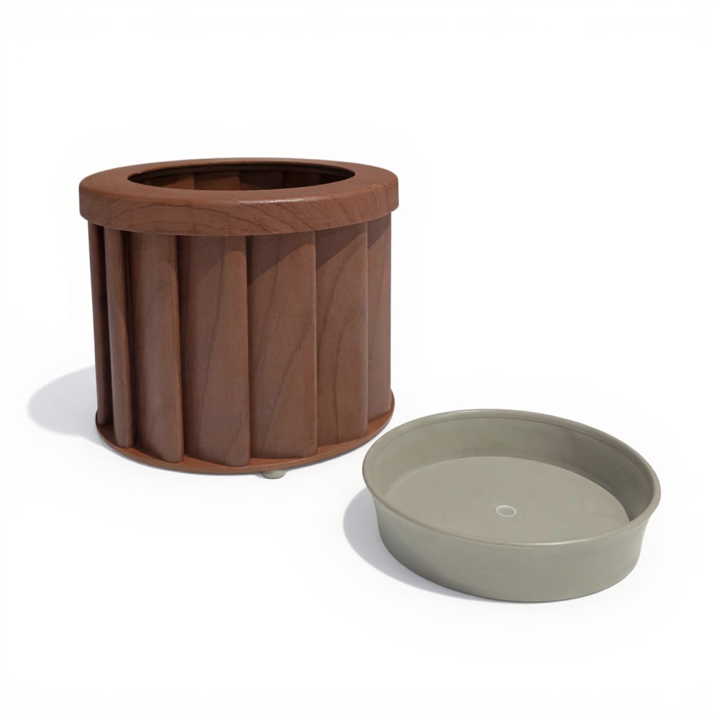 Round Strata Planter Dark Brown 6.25x6.25x5.13 Inch Lightweight Aluminum Planter with Drainage Opening Internal Tray for Outdoor Indoor Plants