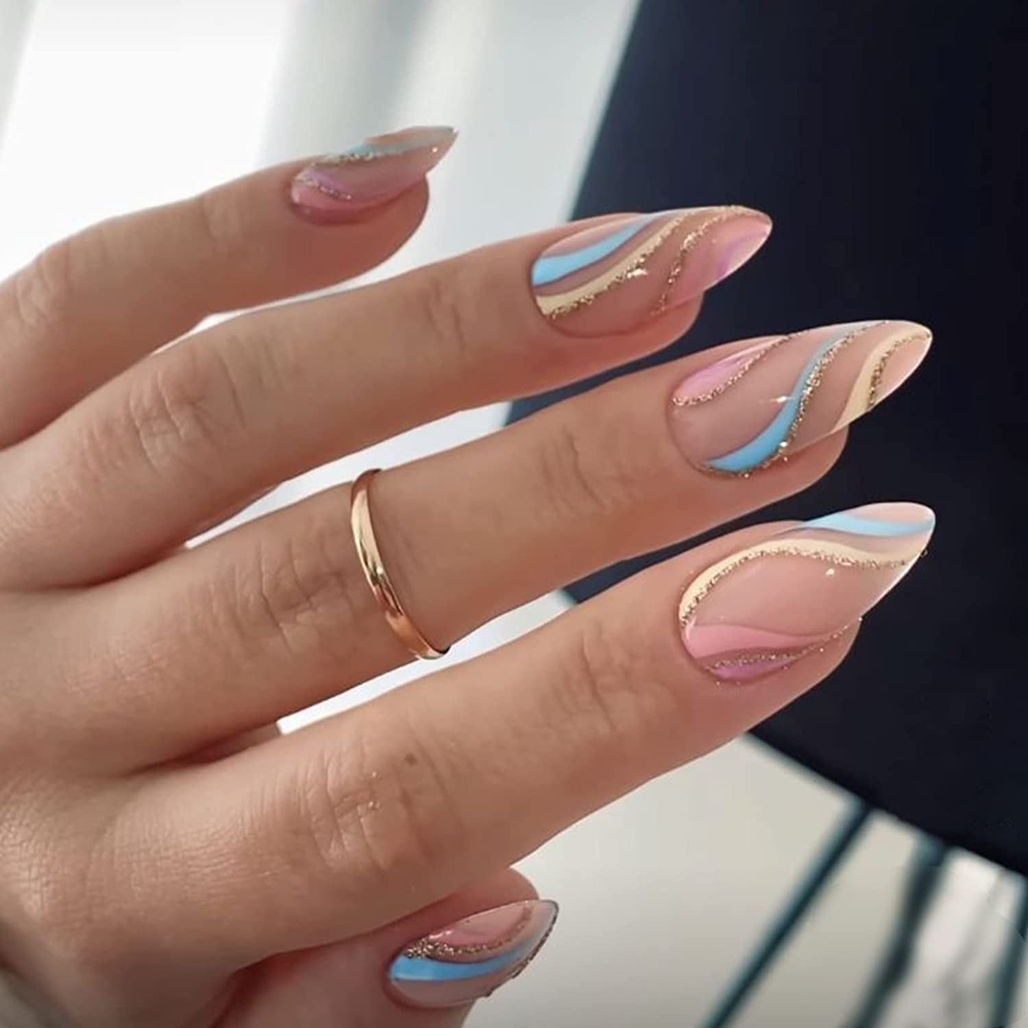 Swirl Press On Nails Medium Almond Fake Nails Glossy Yellow Glitter Glue On  Nails With Design Blue Pink False Nails Tips Waves Stick On Nails  Artificial Acrylic Static Nails For Women 24Pcs -