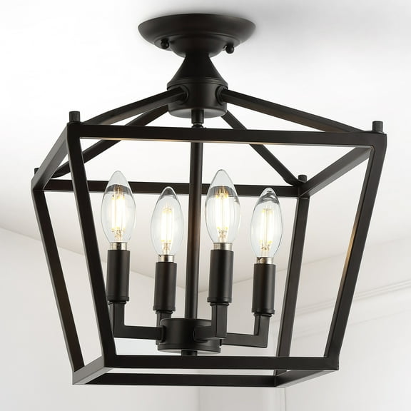 JONATHAN Y Plains Mini Lantern 12" 4-Light Iron Modern Farmhouse Pagoda LED Semi Flush Mount Lantern, Oil Rubbed Bronze