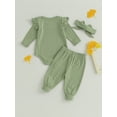 thumbnail image 4 of Arvbitana Infant Baby Girls Casual Pants Sets Solid Color Ruffle Long Sleeve Romper + Bow Decor Pants + Bow Headband 3Pcs Autumn Outfits Newborn Clothes 3M 6M 9M 12M 18M, 4 of 8