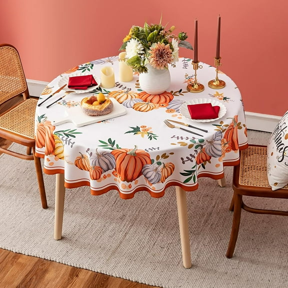 Thanksgiving Pumpkins Fall Round Tablecloths - Polyester Fabric Table Cloth for Harvest Decorations, Party and Family Gatherings -60" Diameter