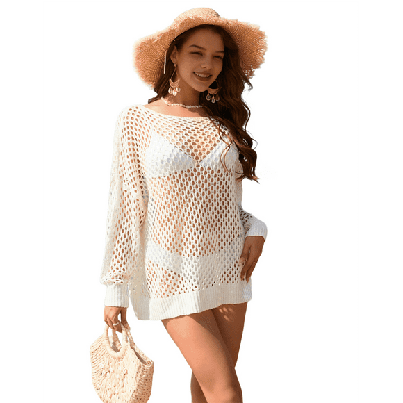 Crochet Cover Ups for Women Hollow Out Swim Cover Up Knit Summer Outfits White M