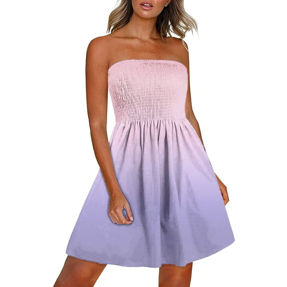 BLVB Summer Dress for Women Beach Boho Strapless Cover Ups off Shoulder Smocked Tube Top Sundresses