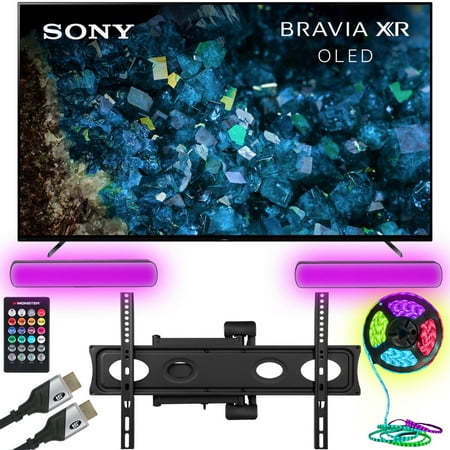 Sony XR65A80L BRAVIA XR 65" A80L OLED 4K HDR Smart Google TV (2023) Bundle with Monster Cables Home Theater Setup Package - Full Motion Mount, Monster HDMI Cables, & Sound Reactive RGB Light Kit
