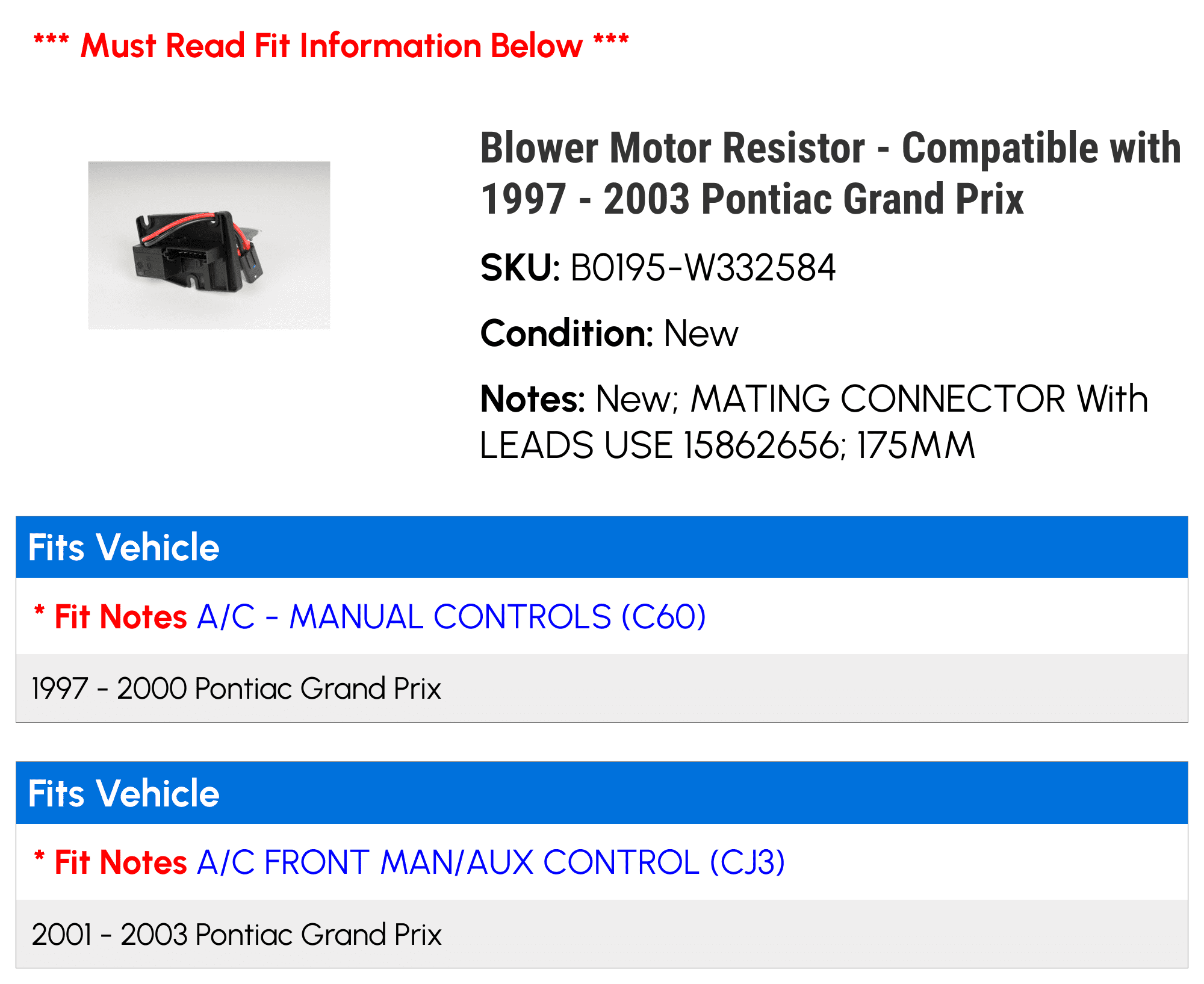 Blower Motor Resistor - Compatible with 1997 - 2003 Pontiac Grand Prix 1998 1999 2000 2001 2002