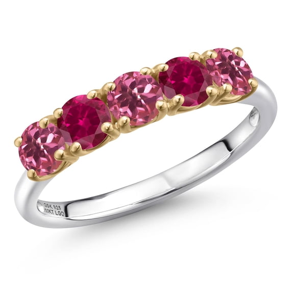 Gem Stone King 925 Silver and 10K Yellow Gold Pink Tourmaline and Red Created Ruby Wedding-Bands Ring for Women | 1.25 Cttw | Round 4MM | Gemstone October Birthstone | Size 7