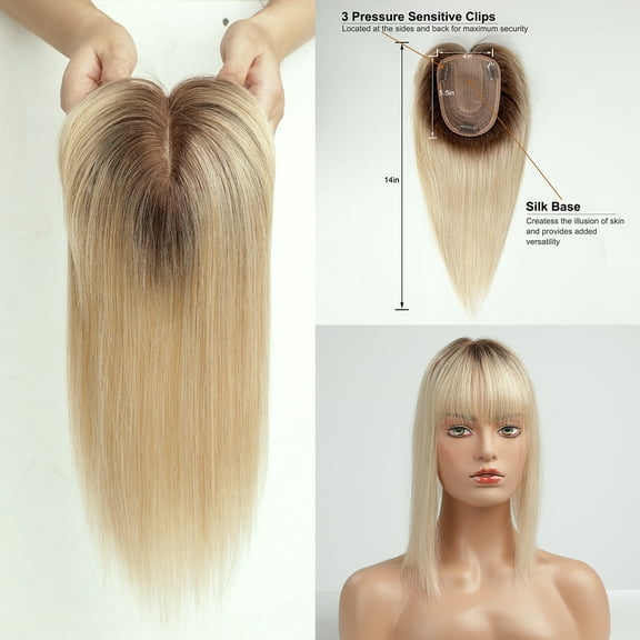 Human Hair Toppers Clips in Blonde Ombre Hairpieces Hair Toppers with Bangs Human Hair Extensions for Women 10/14 inches