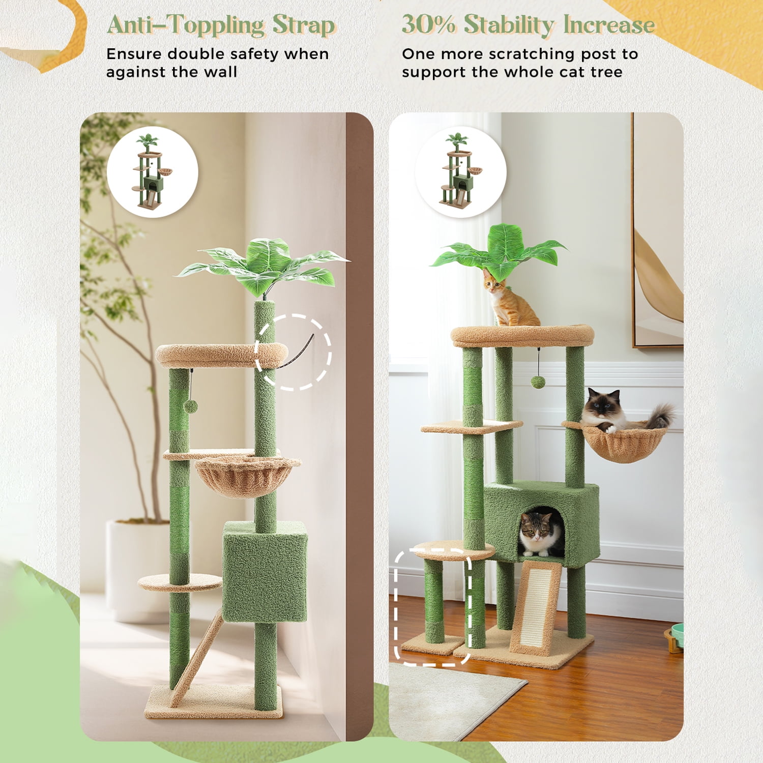 Pefilos 53" Cat Tree for Indoor Cats, Large Condo, Sisal Scratching Posts, Hammock & Perch, Fresh Cactus Design, Sturdy, Multi-Level, Green