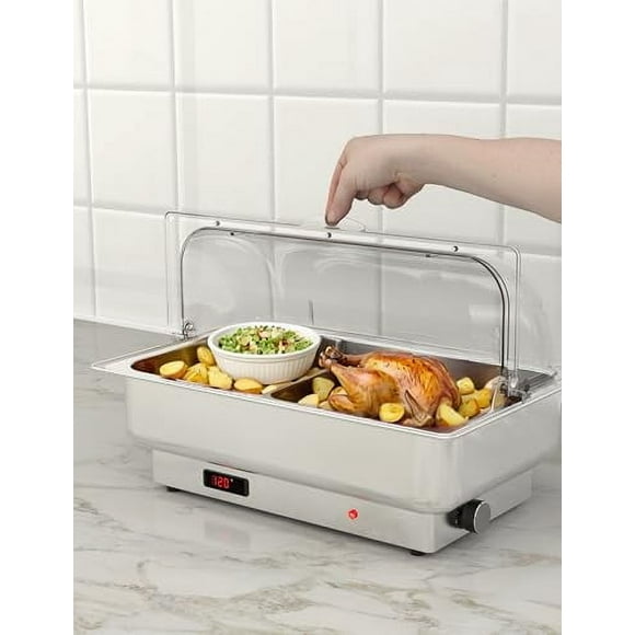 2 Pack Electric Chafing Dishes 9 QT Adjustable Temp Roll Top Food Warmer with Full Size Pan, Stainless Steel Buffet Servers and Warmers