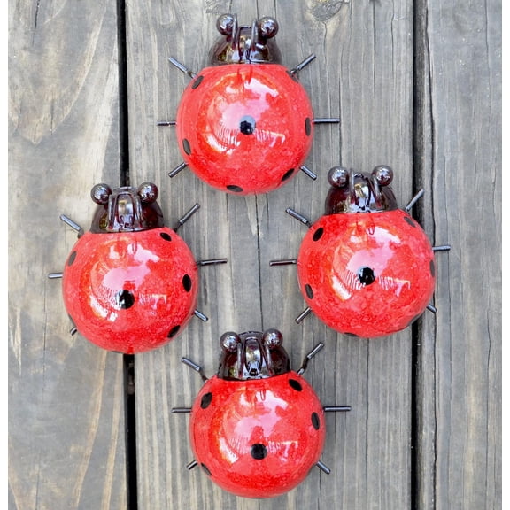 GIFTME 5 Metal Garden Yard Art Decorative 4 Pack Ladybugs Outside Garden Wall Sculptures(RED)