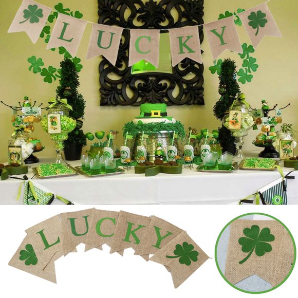 Vadktai Bannière Chanceuse pour la Saint-Patrick - Fanion en Lin Suspendu Décoration - Fournitures de Fête de la Saint-Patrick - Décoration Trèfle Suspendu