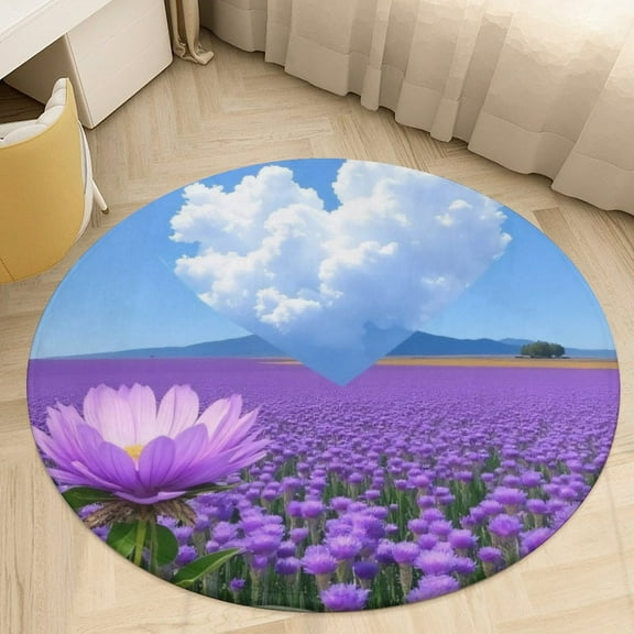 Purple Flower Field Heart Cloud Round Area Rugs for Bedroom Living Room, 3FT Soft Indoor Circle Carpets, Carpet Home Decor Floor Mat