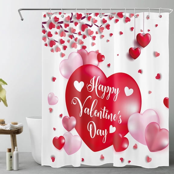 HVEST Valentines Day Shower Curtain, Red and White Heart Shower Curtain - Romantic Valentine's Day Bathroom Decor, Waterproof Polyester Fabric, Includes 10 Hooks, 60x72 Inches