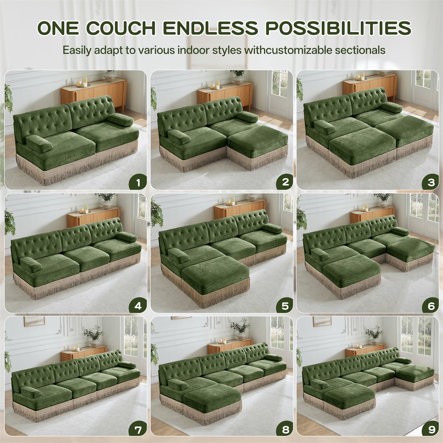 Hommoo Comfort Velvet Fabric Sofa with Left Arm, Button Tufted Design & Floor-grazing Tassel, Green