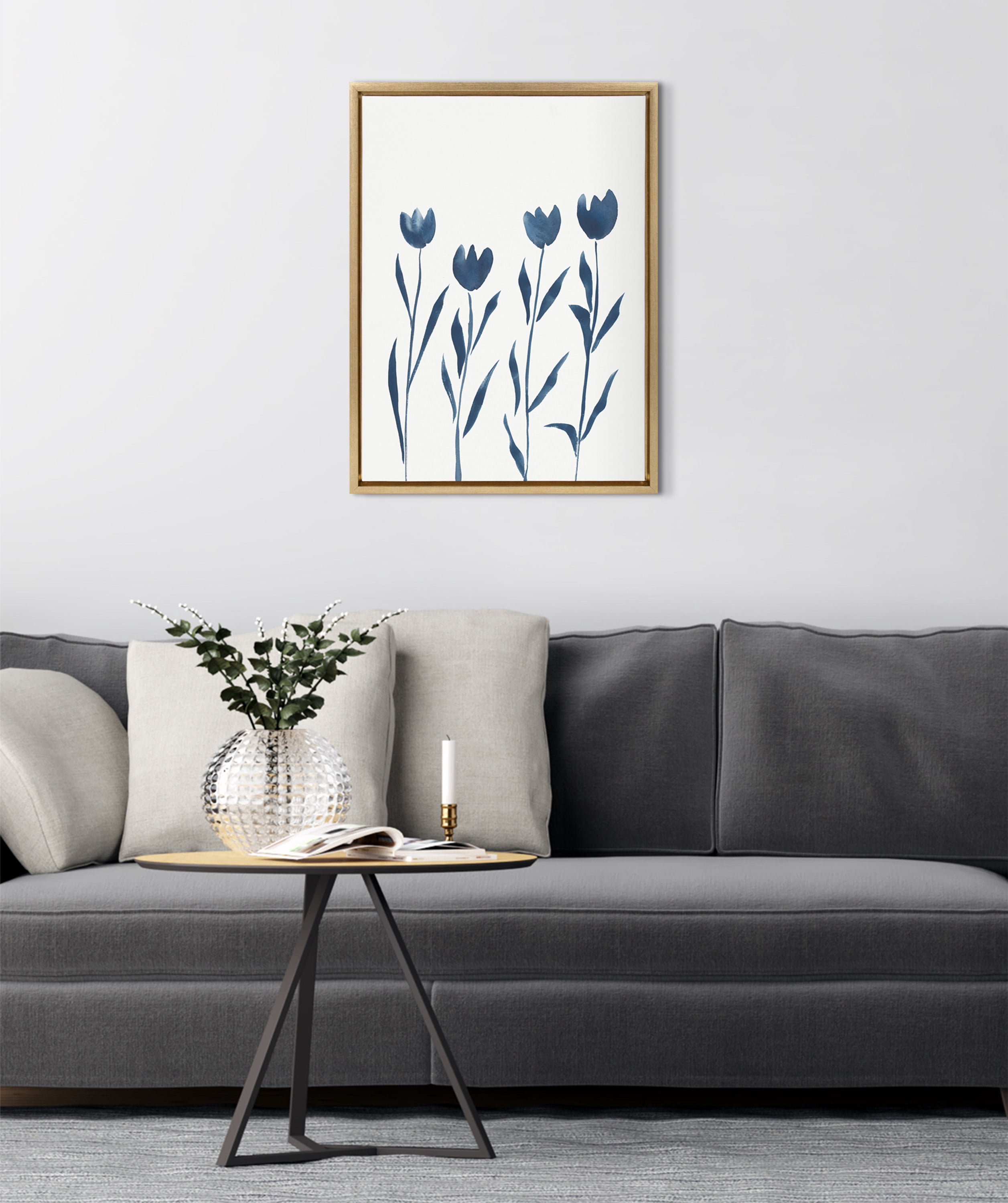 Kate and Laurel Sylvie Indigo Tulips on White Framed Canvas Wall Art by Teju Reval of SnazzyHues, 18x24 Gold, Floral Art for Wall