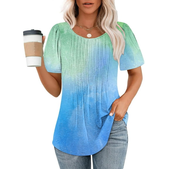 Oalirro Womens Pleated Tops Fashion Tie Dye Crewneck Short Sleeve Flare Tunics Casual Loose Fit Comfy Summer Tshirts