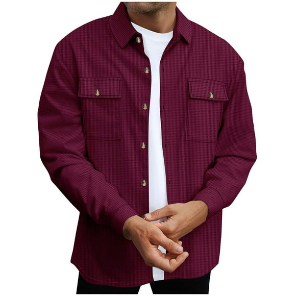 Mens Casual Coat Solid Color Long Sleeve Button Jackets Turndown Collar Textured Knitted Coats with Chest Pockets Wine S