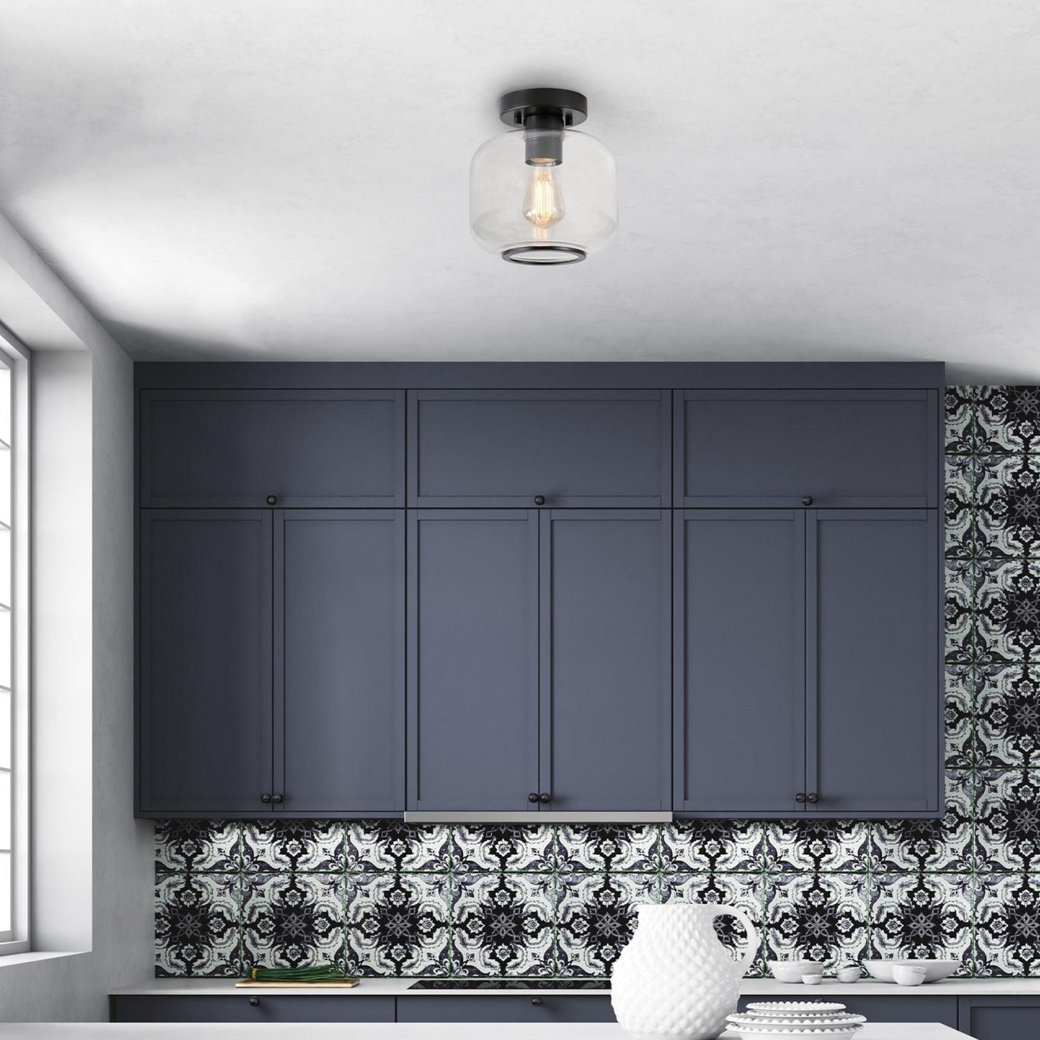 1-Light Matte Black Flush Mount Ceiling Light with Clear Glass Shade