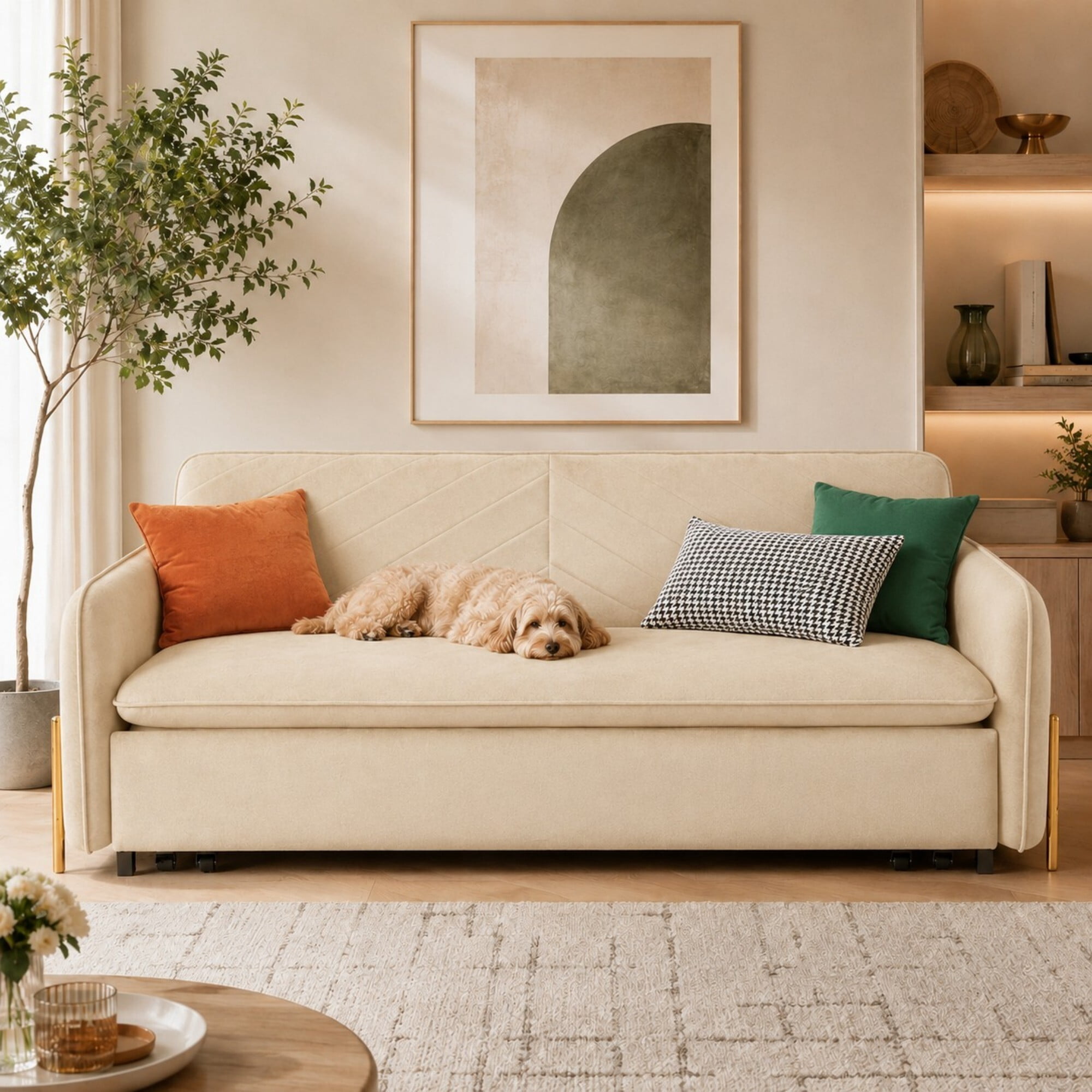 DEALTOPS 79" Pull Out Sofa Bed with Storage Drawers, Velvet Sleeper Sofa Couch, Beige