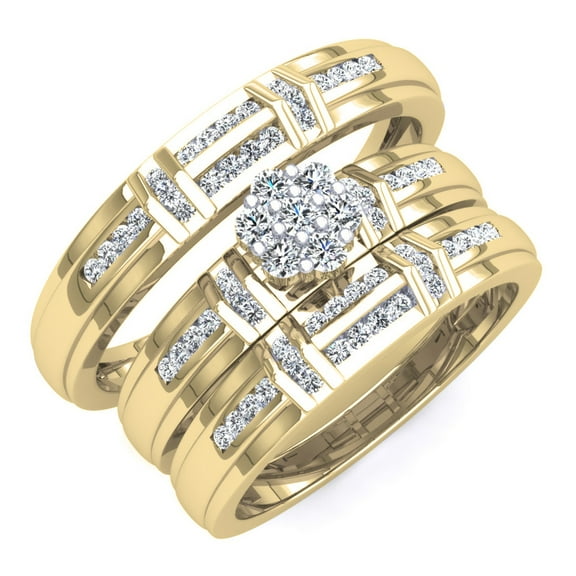 0.50 Carat (ctw) 14K Yellow Gold Round White Diamond Men & Women's Cluster Engagement Ring Trio Bridal Set 1/2 CT