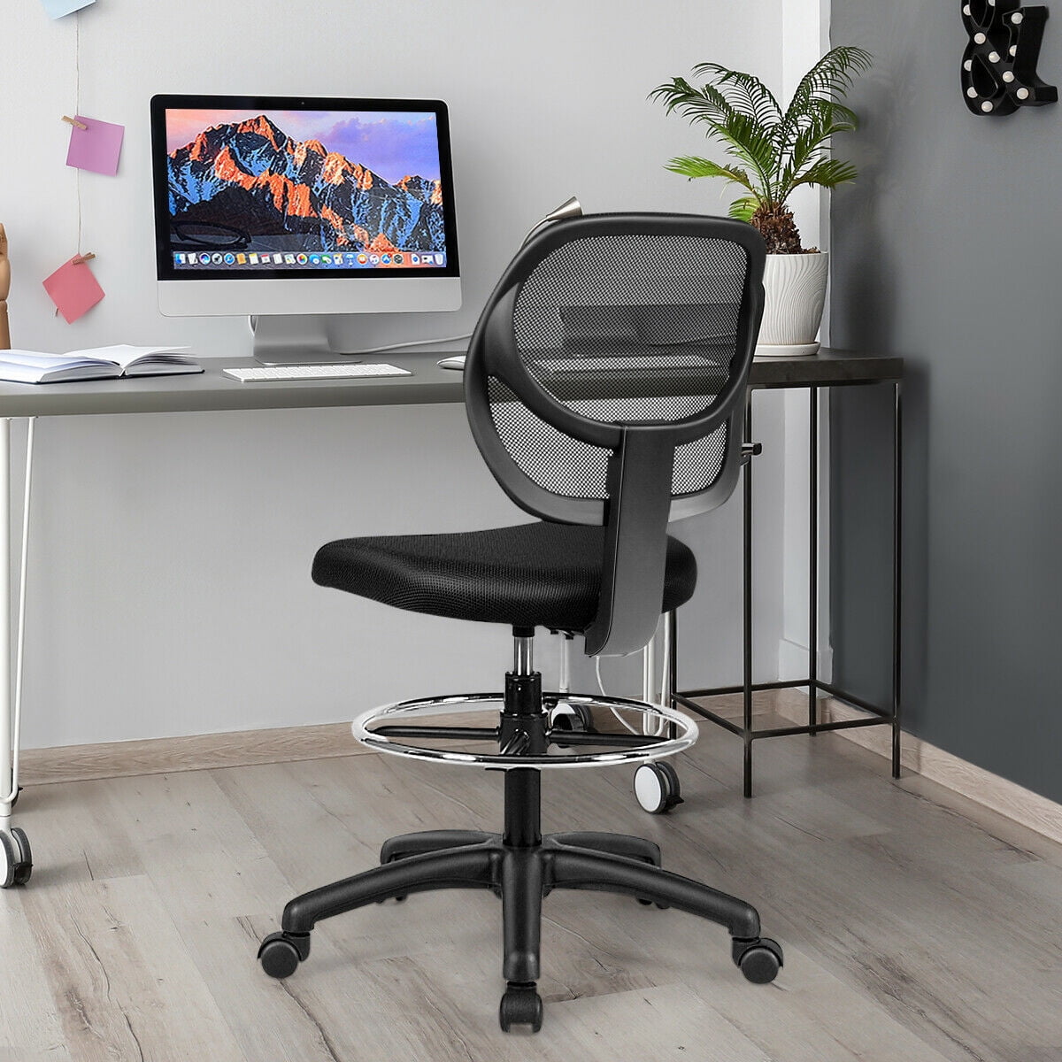 Gymax Mesh Drafting Chair Mid Back Office Chair Adjustable Height w/Footrest Armless