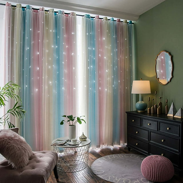 Cqxid Rideau à Moins de 10 $ Rideaux Étoile Rideaux pour Enfants Filles Chambre Salon Coloré Double Couche Rideaux de Fenêtre Étoile 1 Panneau