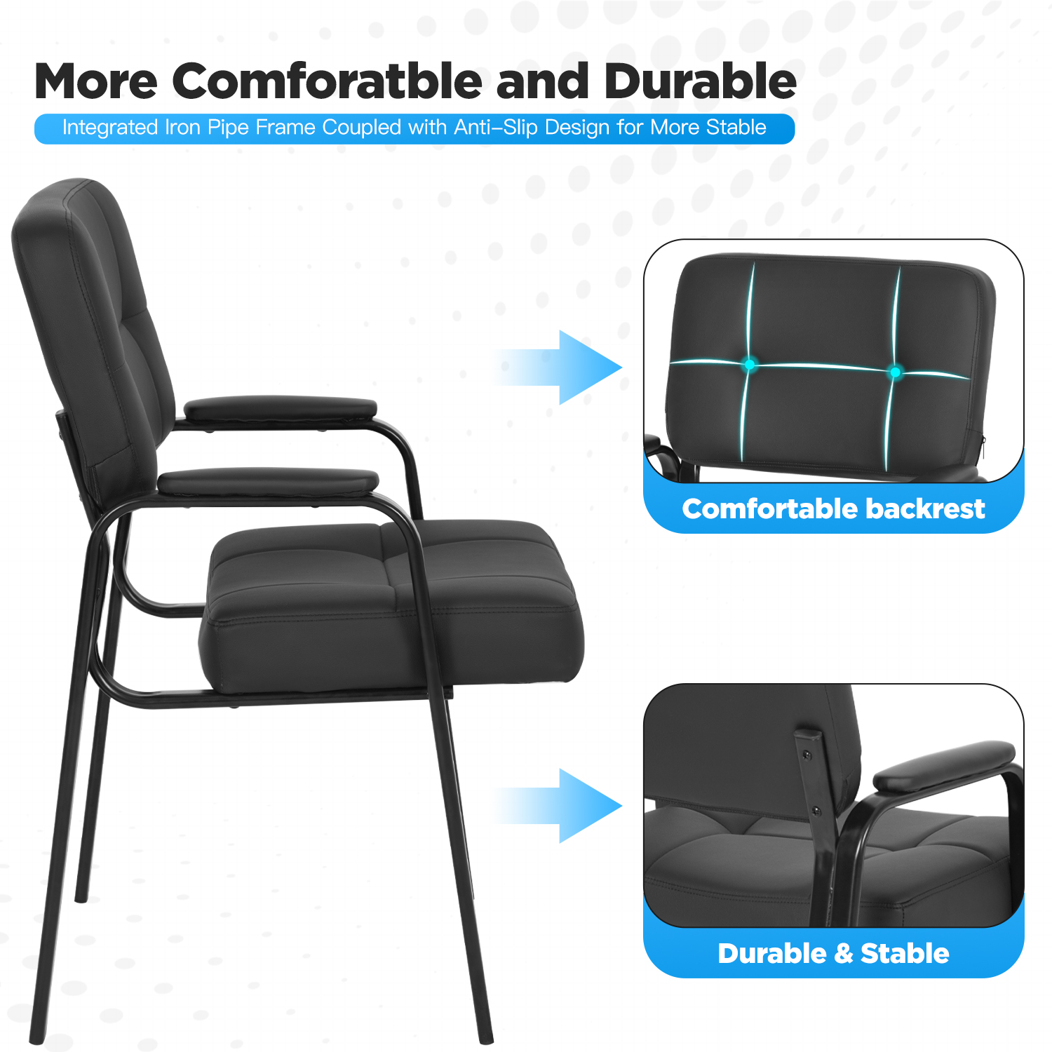 FDW Home Office Chair，Padded Armrest PU Leather for Waiting Room Chairs Lobby No Wheels, 2 Pack(Black)