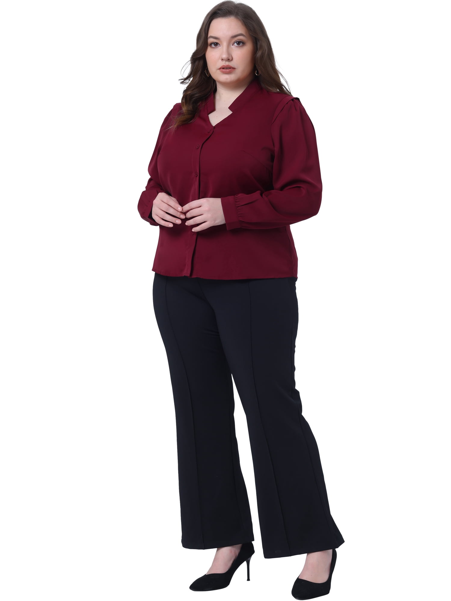 DARING DIVA Women's Plus Size Button Up Notch V Neck Long Sleeve Blouses 4X Burgundy