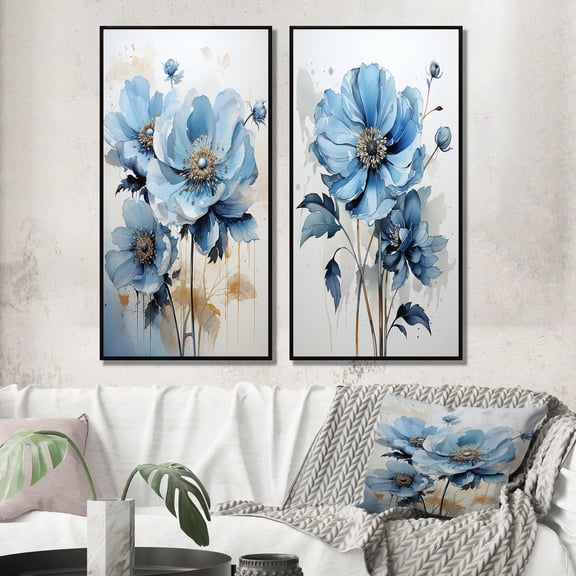 Designart "Daisy Flower Blue Minimalism wall decor II" Flower Framed Wall Art Set Of 2 - Blue Floral Framed Canvas Set For Living Room Decor