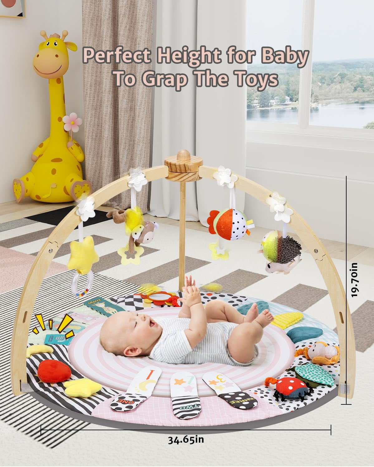 PRVAETU Wooden Baby Gym Play Mat, Foldable Tummy Time Playmat W/ 7 Detachable Toys for Infant Newborn Toddler Motor Skills Sensory Development,Pink