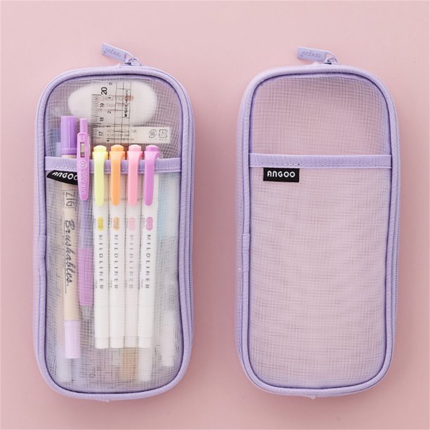 Caja de lápices de malla de rejilla con cremallera, bolsa de color de maquillaje transparente, bolsa de cosméticos