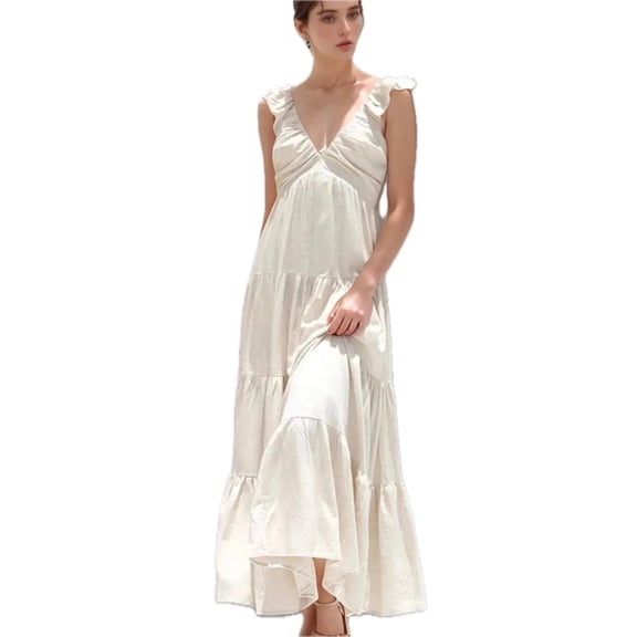 Women's Ruffled V Neck Tiered Dress 100% Cotton Lightweight Everyday Wear Flattering Silhouette For Warm Weather