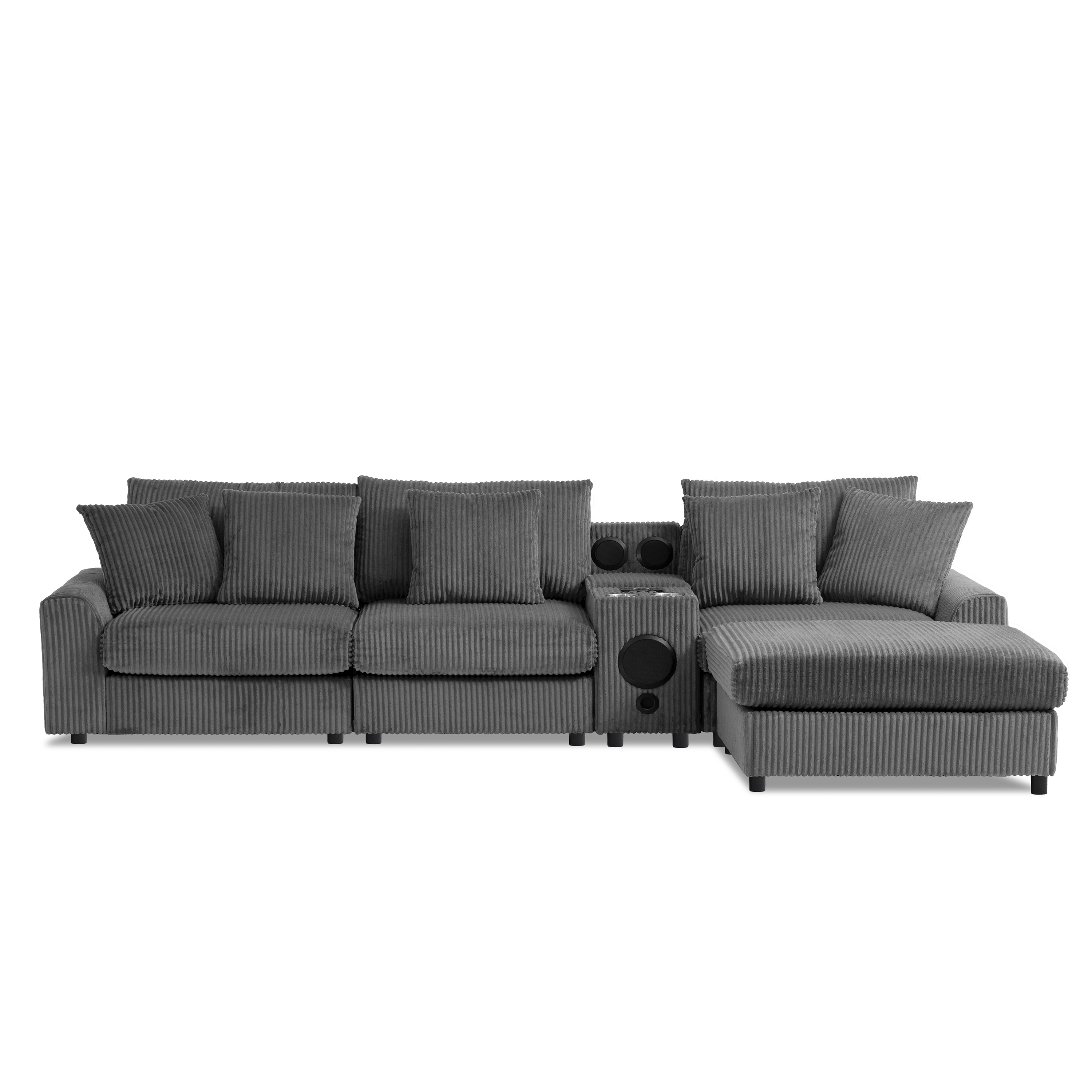 MAYEERTY 114x64" Corduroy Sectional Sofa - Bluetooth Speakers, L-Shaped Couch with Console/USB/Cup Holders/Storage/Ottoman, 2 Colors
