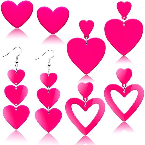 Pack of 4 Pairs Hot Pink Heart Earrings - Acrylic Y2K Dangle Set