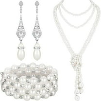 3-Piece 1920s Flapper Pearl Jewelry Set - Vintage Multilayer Necklace, Dangle Earrings & Bracelet for Women, Art Deco Party