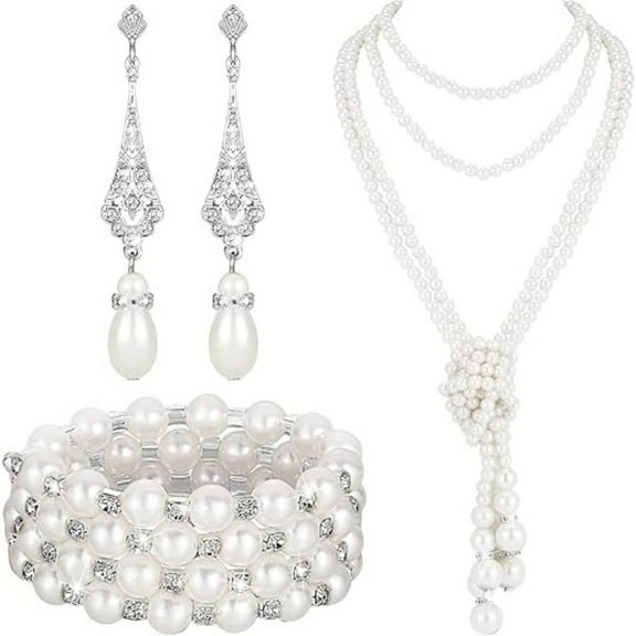 3-Piece 1920s Flapper Pearl Jewelry Set - Vintage Multilayer Necklace, Dangle Earrings & Bracelet for Women, Art Deco Party