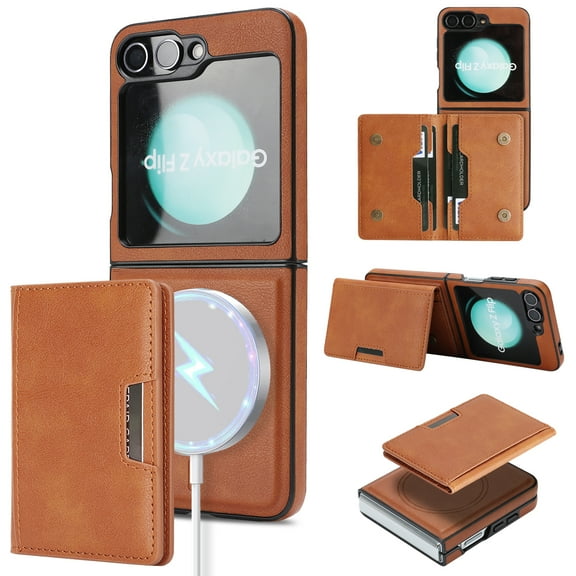 Allytechgroup 2 in 1 Wallet Case for Samsung Galaxy Z Flip 7, PU Leather [Compatible with Magsafe] Detachable Cards Holder Shockproof Anti-Scratch Slim Fit Shell Cover for Galaxy Z Flip 7, Brown