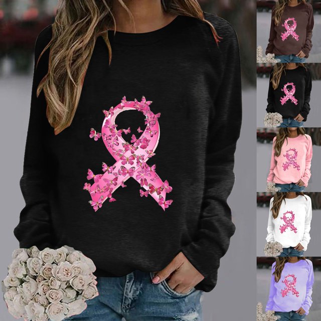 QATAINLAV Chandail en Molleton de Sensibilisation au Cancer du Sein pour Femmes Ruban Rose Graphique Basique Col Rond Manches Longues Chandail Tops Soldes Aujourd'hui sur Walmart Rose G
