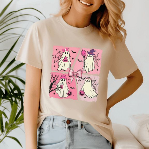 Halloween Ghost Pink Cute Ghost Coquette Shirt, Halloween Shirt, Spooky Season Tee, Happy Halloween, Ghost Pumpkin Tshirt, Funny Holiday Gift,Horror Witchy ,Trick Or Treat