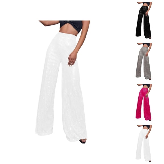 Women's Fashion Casual Sequined Pants, High Waisted Wide Leg Flared Sparkling Sequin Nightclub Wear with Elastic Waist and Bling Glitter Detail