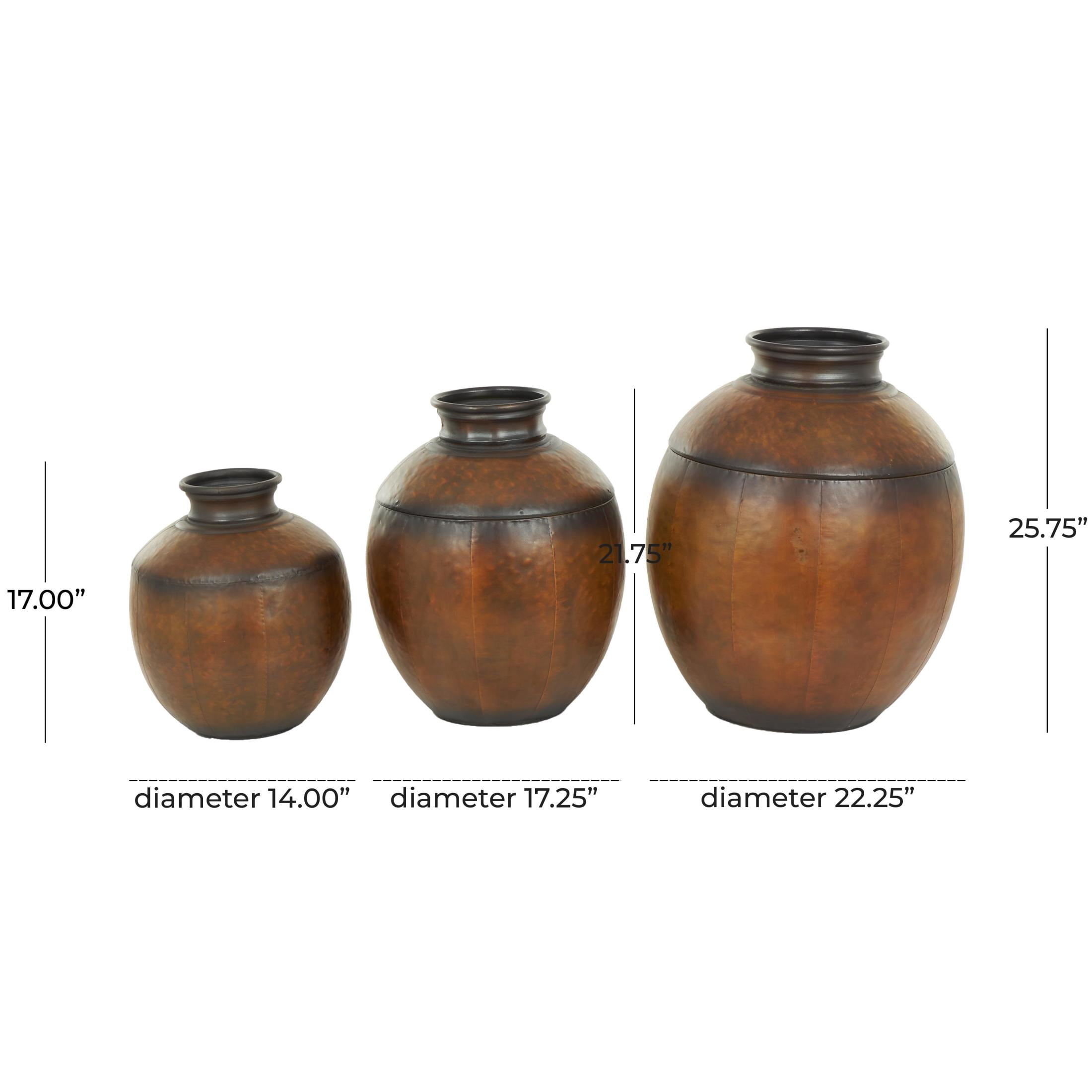 DecMode 26", 22", 17"H Antique Style Round Pot Floor Brown Metal Vase, Set of 3